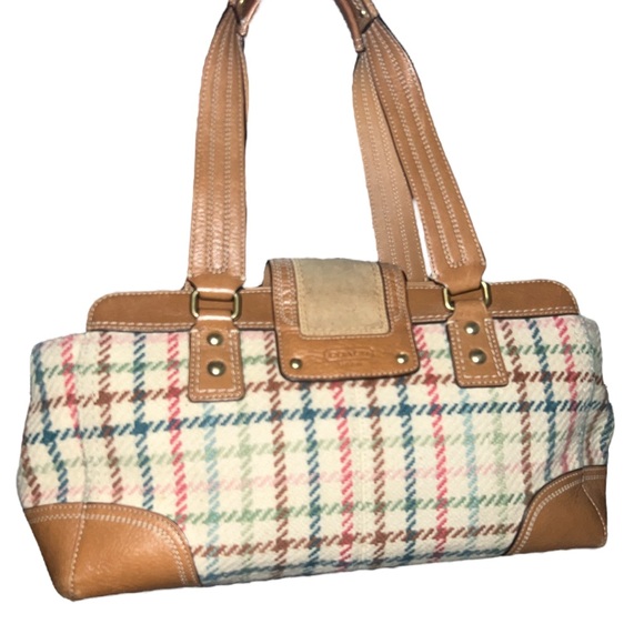 Vintage Coach Hampton Wool Tattersall Carryall Satchel Bag In Tan/Cream - Picture 2 of 4
